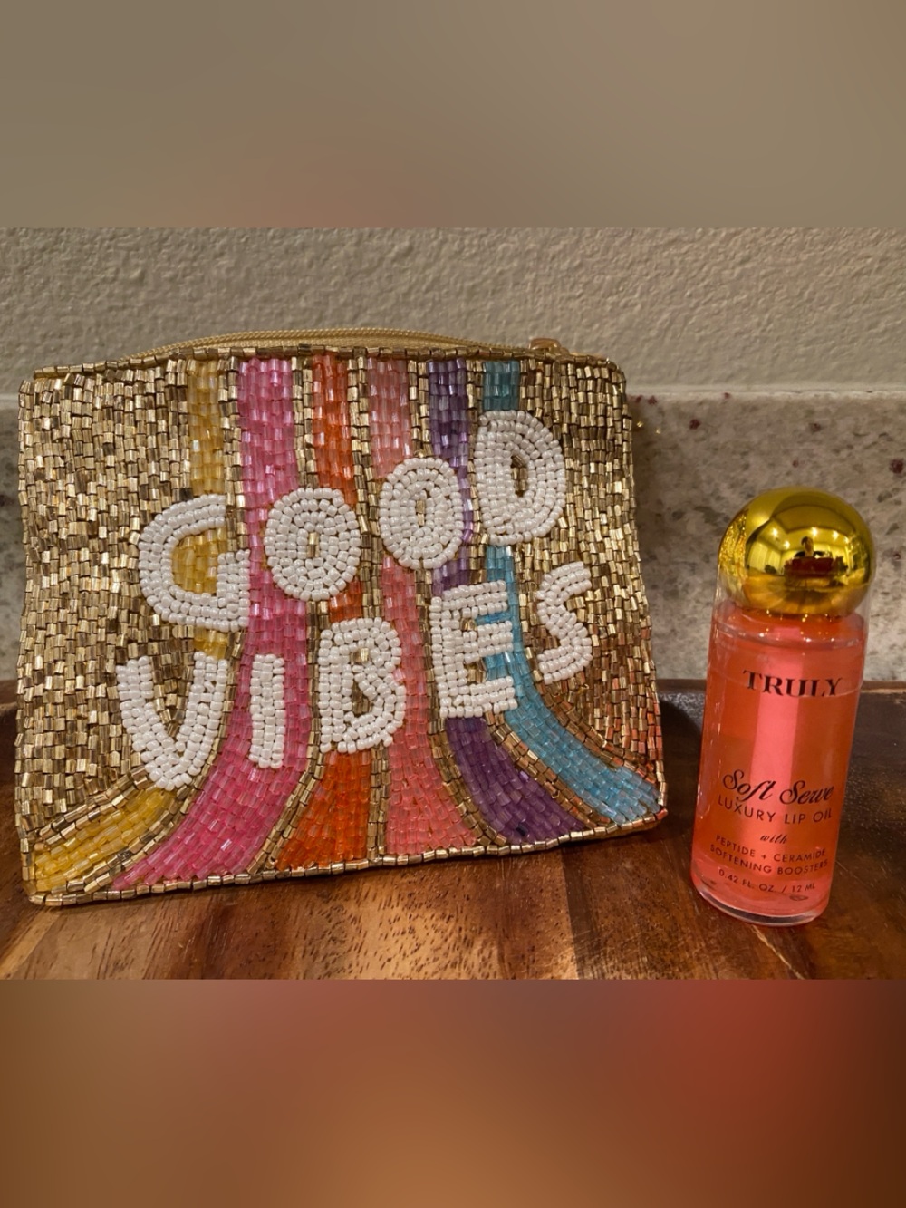 Hand-Beaded 'Good Vibes' Pouch w/ Truly Soft Serve Lip Oil